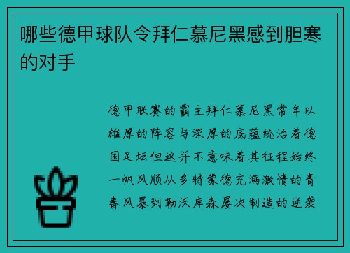 哪些德甲球队令拜仁慕尼黑感到胆寒的对手