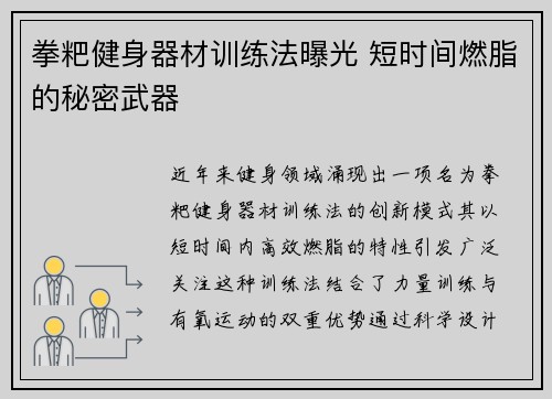 拳粑健身器材训练法曝光 短时间燃脂的秘密武器